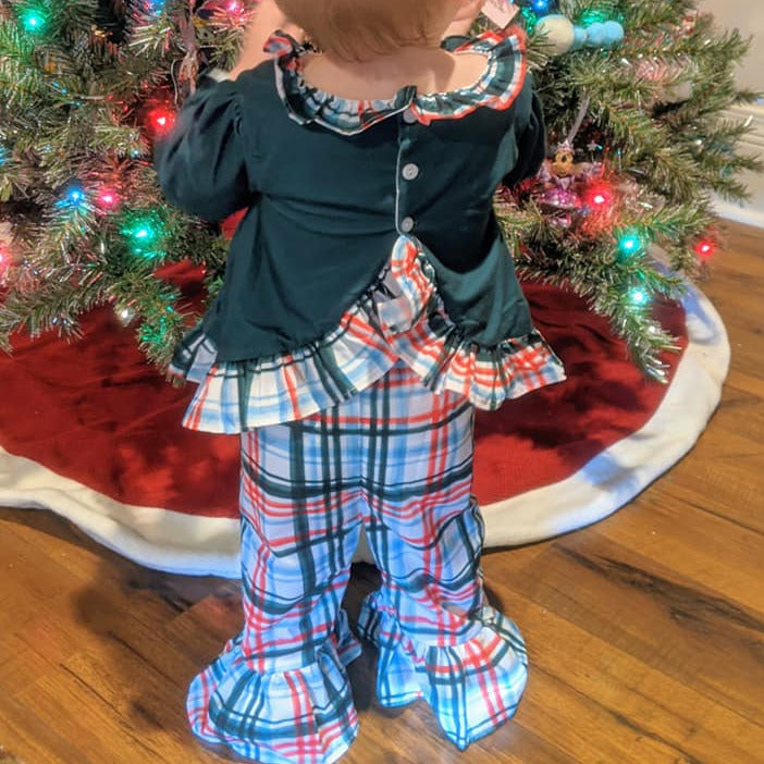 Green Knit w/Plaid French Knot Christmas Trees Girl Pants Set