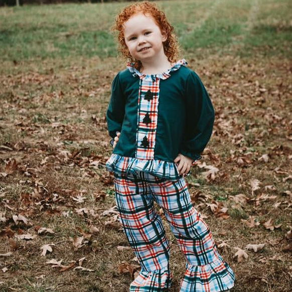 Green Knit w/Plaid French Knot Christmas Trees Girl Pants Set