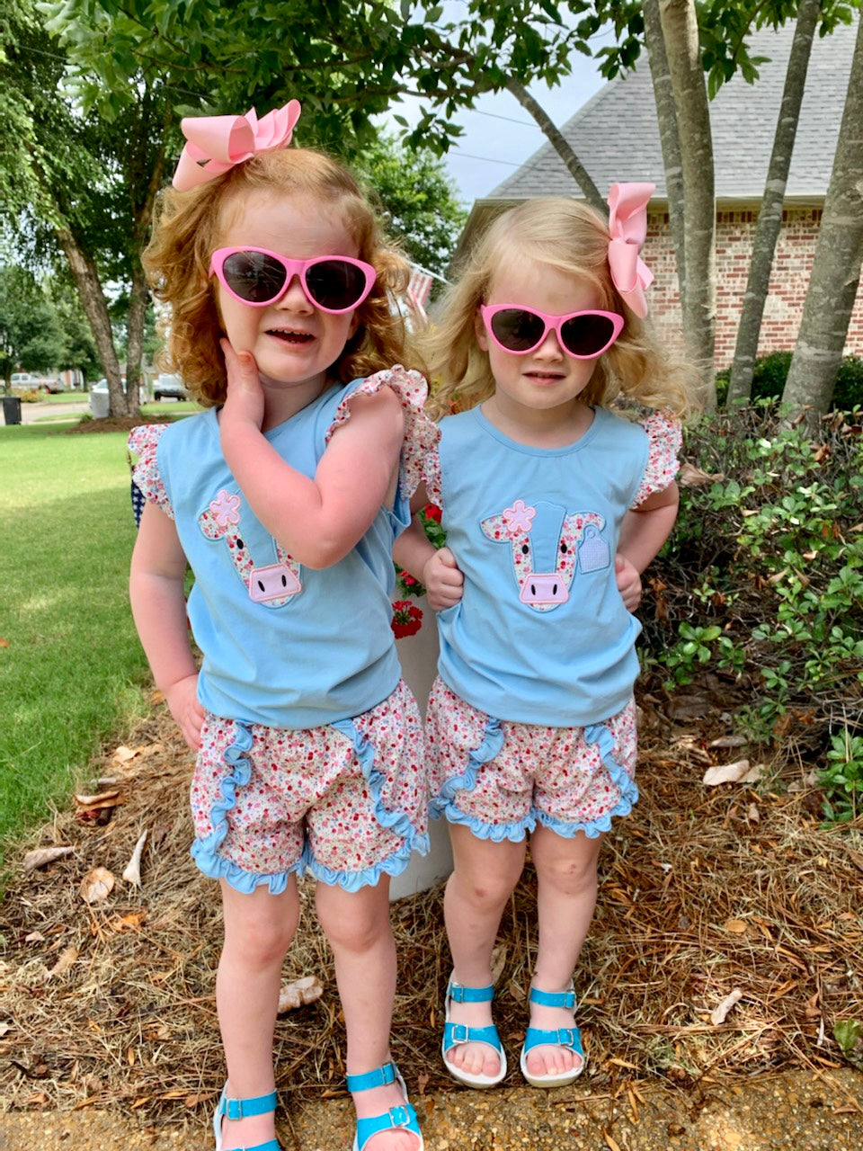 Cow Blue and Floral Knit Girl Shorts Set