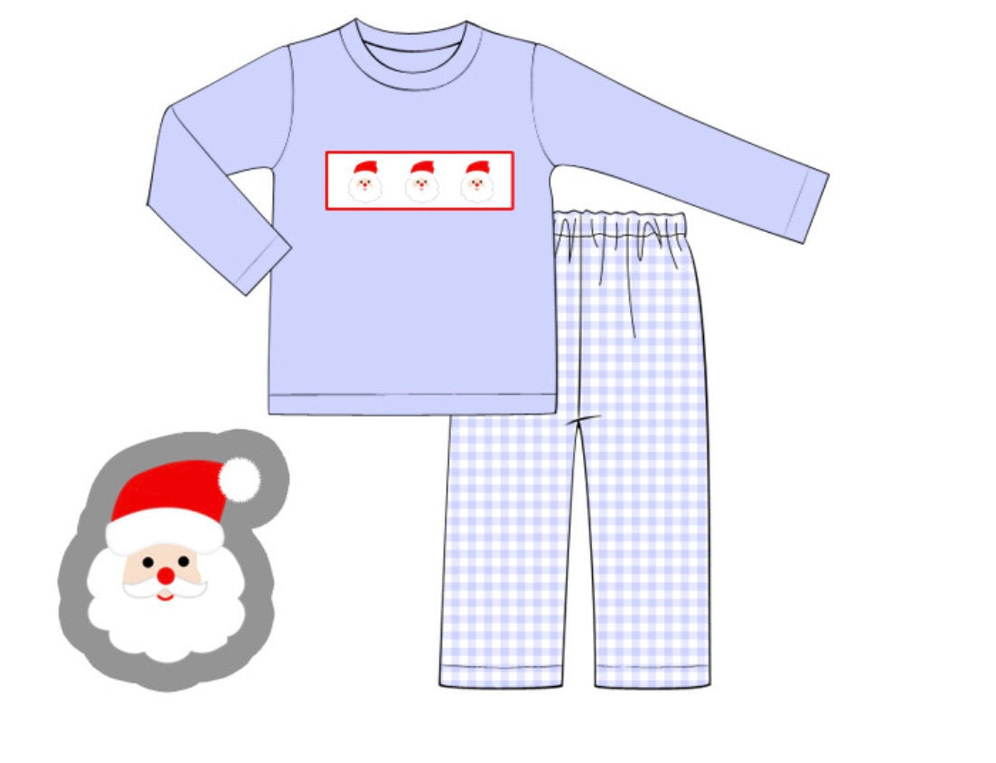 Blue Knit Gingham Santa Boy Pants Set