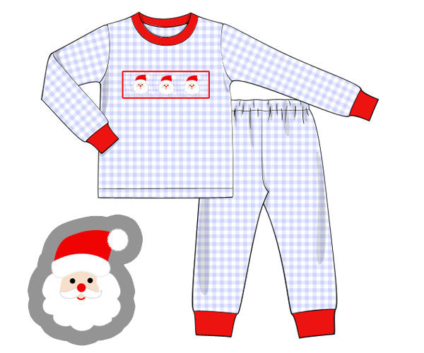 Blue Gingham Knit Santa Christmas Pajamas