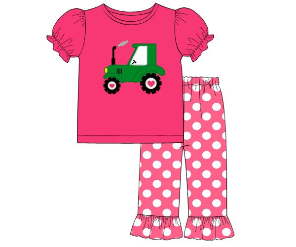Pink Knit Polka Dot Tractor Girl Pants Set
