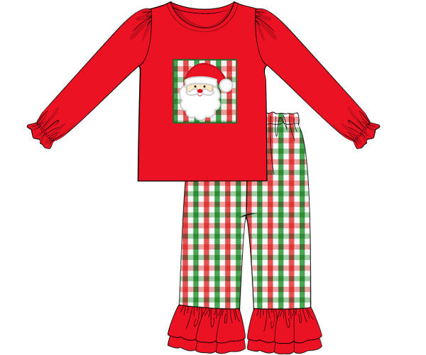 Red Knit/Red & Green Plaid Santa Girl Ruffled Pants Set