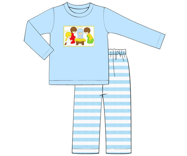 Blue Stripe Knit Precious Moment Nativity Boy Pants Set