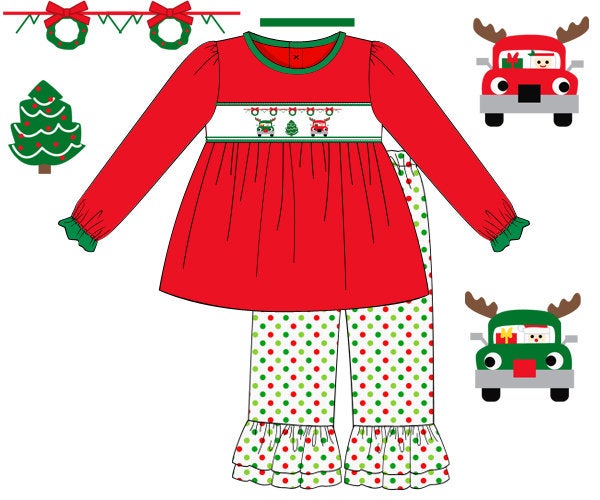 Red/Polka Dot Knit Reindeer Truck Girl Ruffled Pants Set