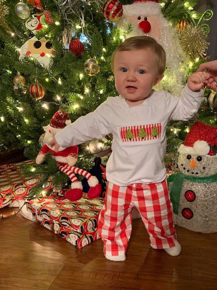 White Knit/Red Gingham Christmas Trees Boy Pants Set