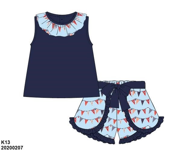 Navy & Flags Knit Girl Shorts Set