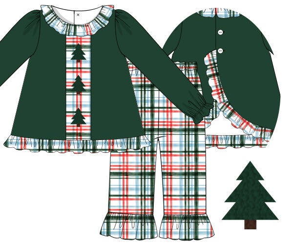 Green Knit w/Plaid French Knot Christmas Trees Girl Pants Set