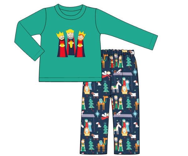 Green Knit Nativity w/Three Wise Men Boy Pants Set