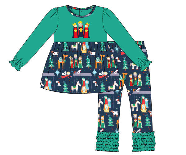 Green Knit Nativity w/Three Wise Men Girl Pants Set
