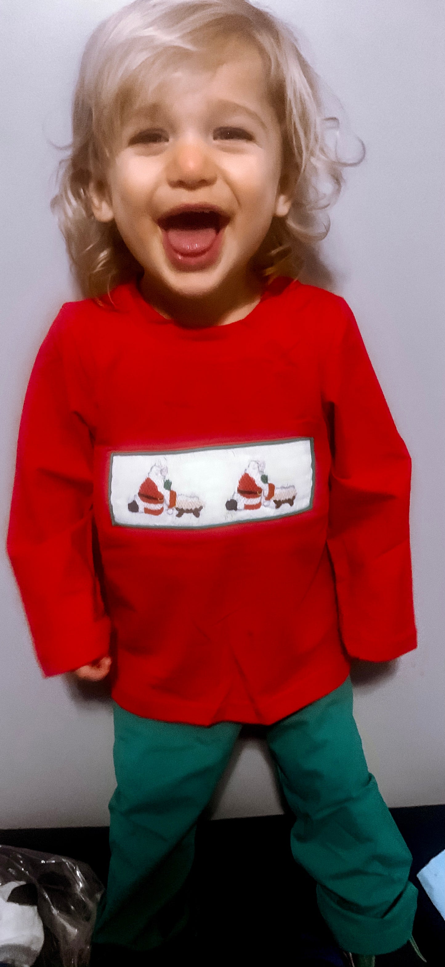 Red/Green Knit Santa and Baby Jesus Boy Pants Set