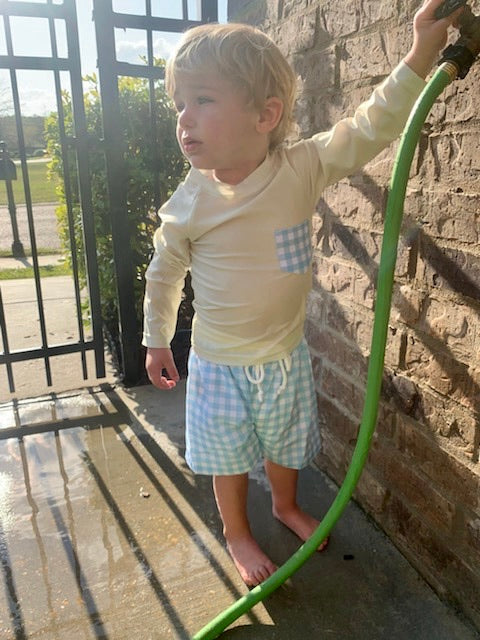 Yellow and Blue Gingham Boy Swim Trunks