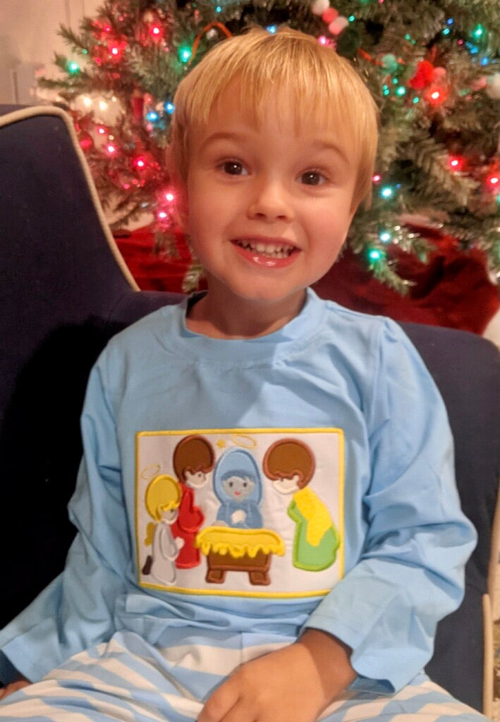 Blue Stripe Knit Precious Moment Nativity Boy Pants Set