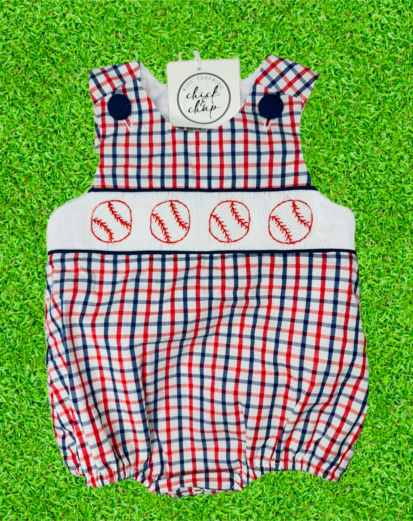 Baseball Smocked Red/Blue Gingham Boy Bubble