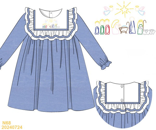 Blue Velvet Manger Scene Girl Dress