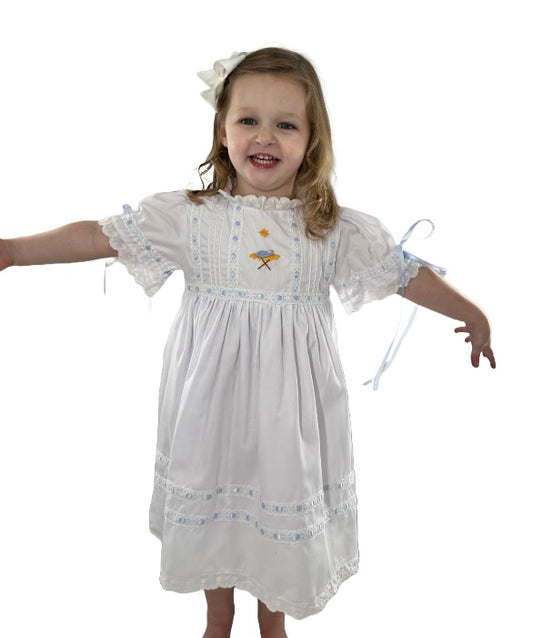 Heirloom Baby Jesus Blue Ribbon Dress