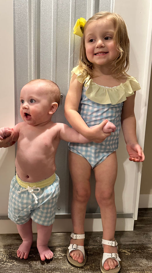 Yellow and Blue Gingham Boy Swim Trunks