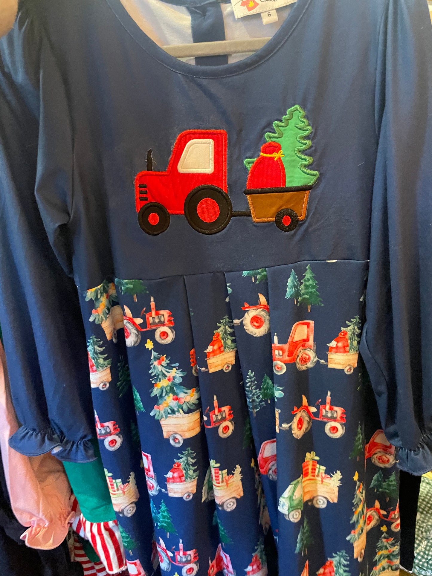 Navy Knit Christmas Tractor Girl Dress