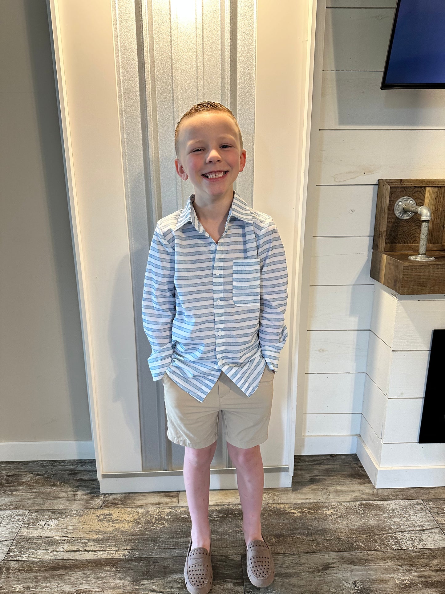 Boys Blue/White Striped Button Down Long Sleeve