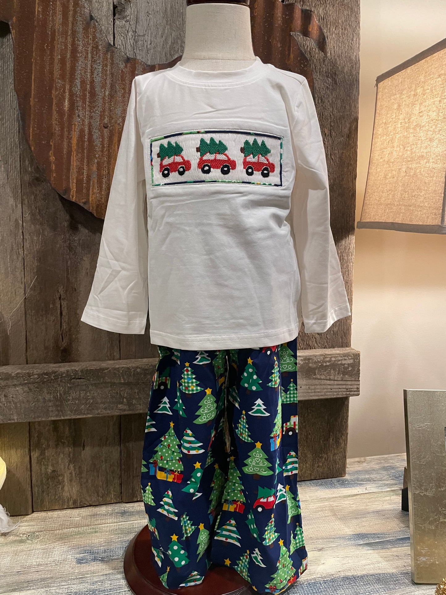 Boys Smocked Christmas Trees on Cars with Pants Christmas Set