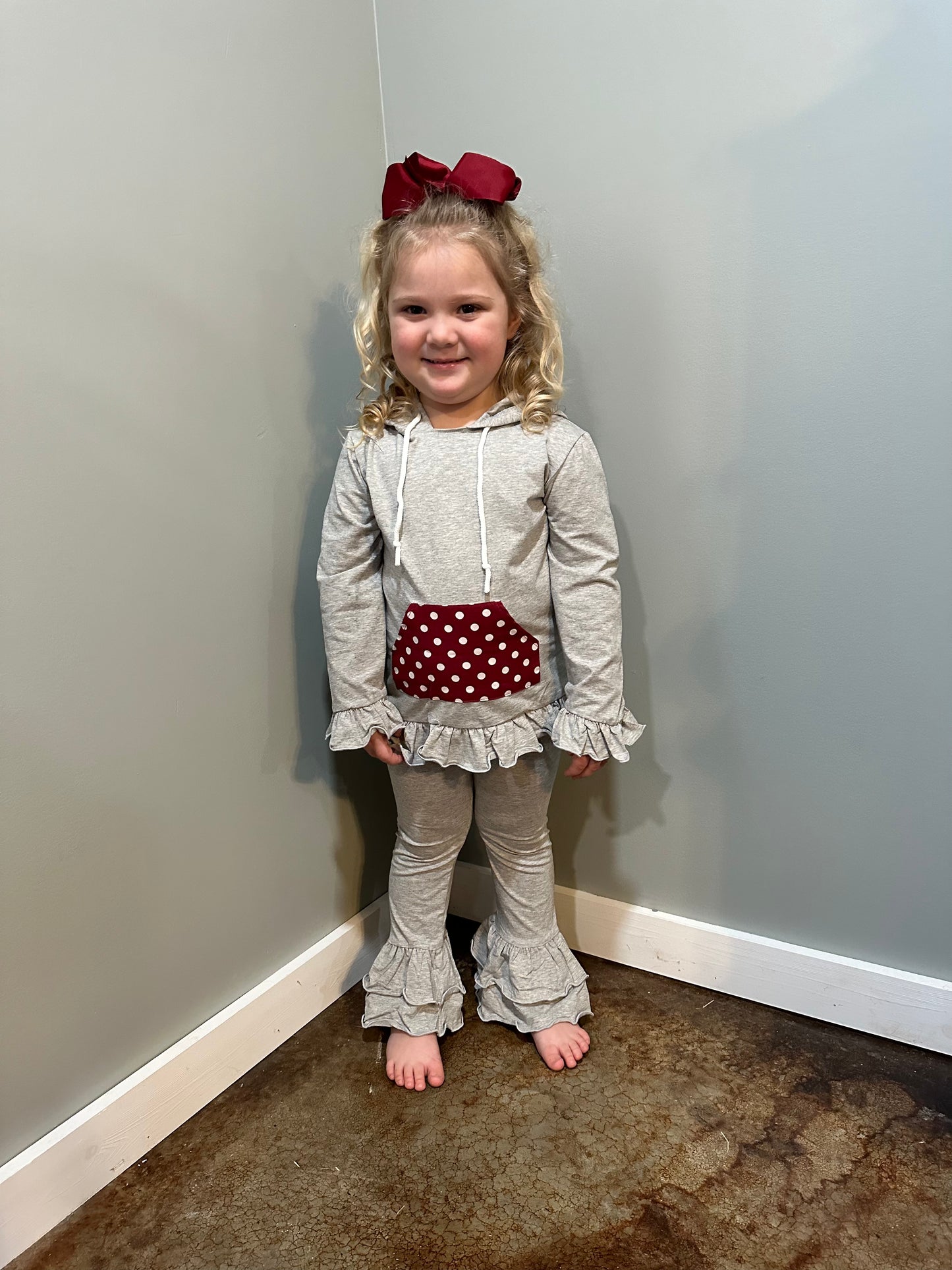 Gray Knit/Maroon & White Polka Dot Girls Pant Set