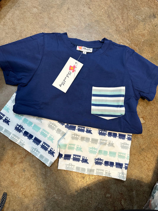 Boy Train Short Set w/Striped Pocket