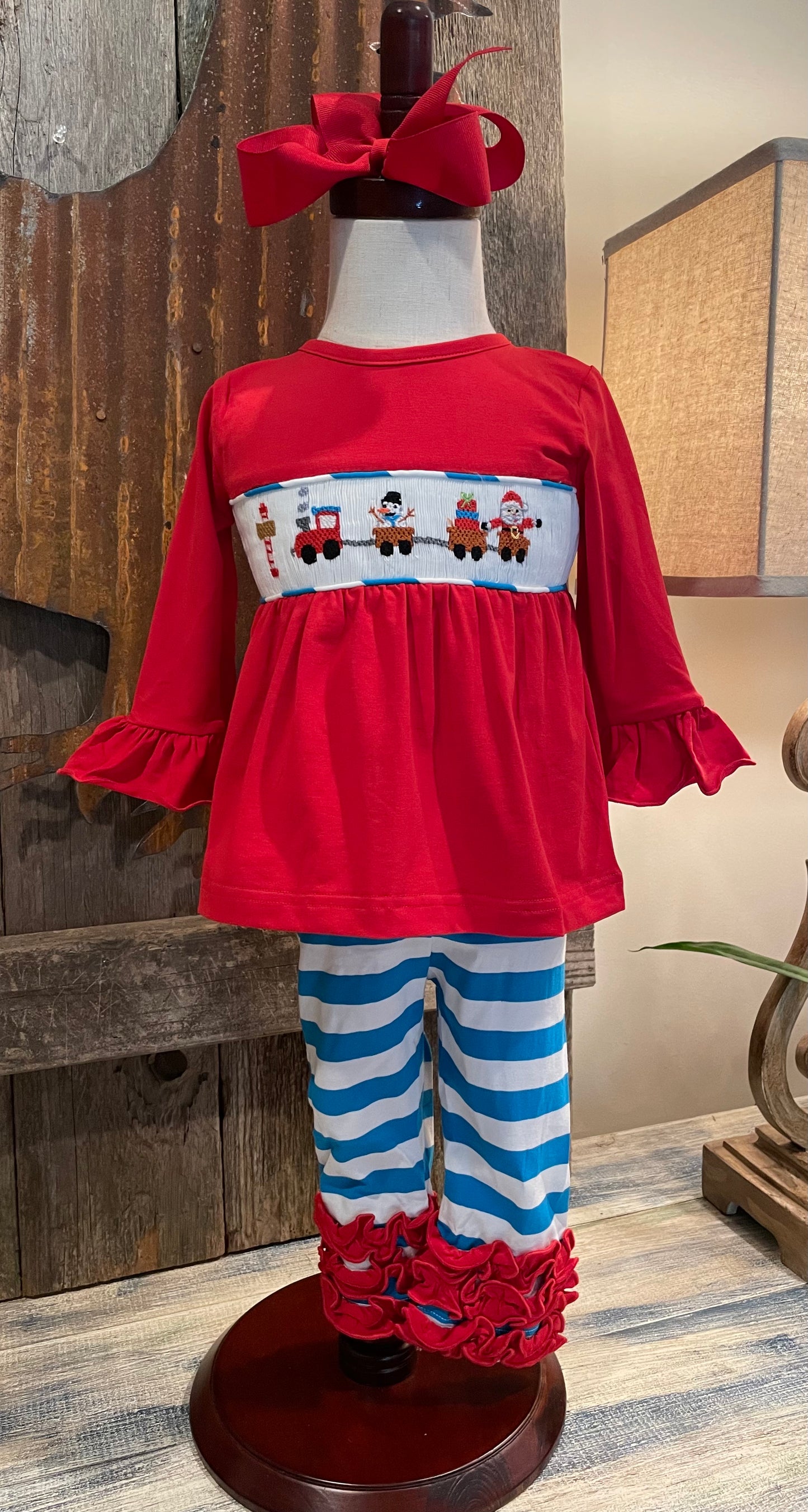 Red & Aqua/White Knit Stripe Santa Train Girl Pants Set