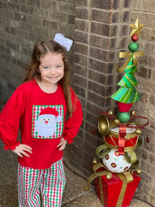 Red Knit/Red & Green Plaid Santa Girl Ruffled Pants Set