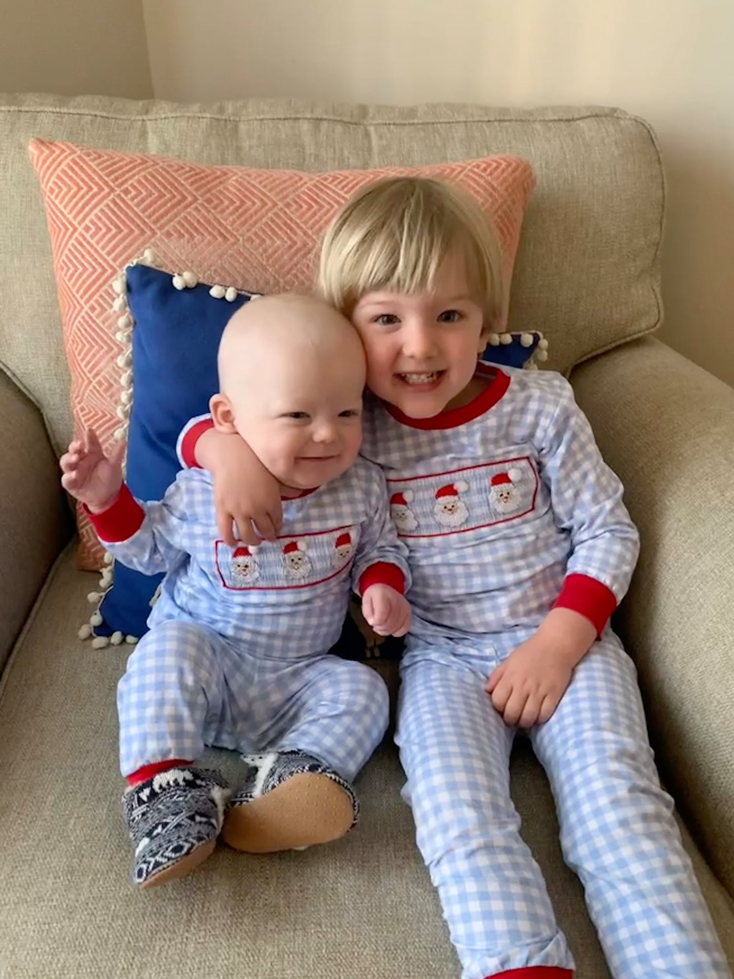 Blue Gingham Knit Santa Christmas Pajamas