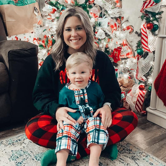 Green Knit w/Plaid French Knot Christmas Trees Boy Pants Set