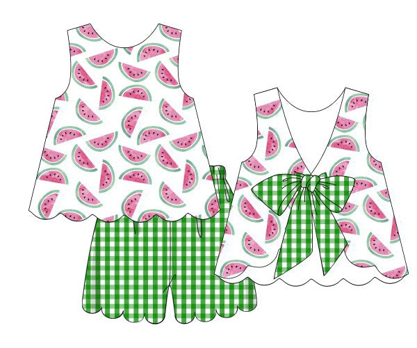 Watermelon/Green Gingham Knit Girl Shorts Set