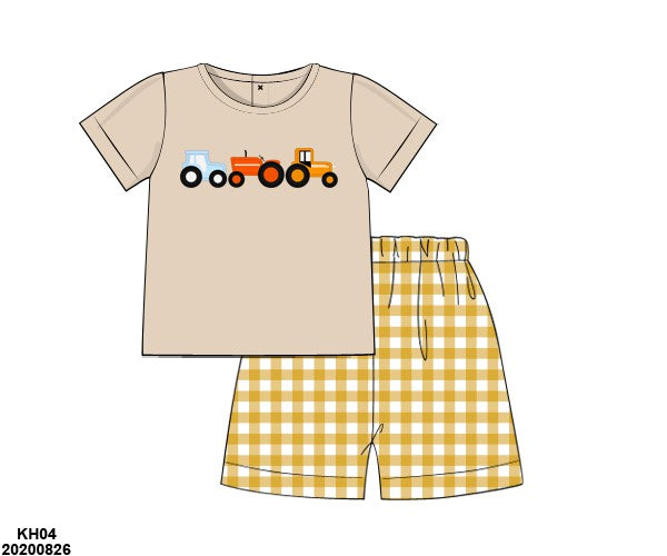 Fall Tractors Khaki/Mustard Gingham Boy Shorts Set