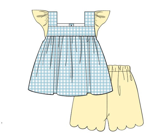 Yellow/Blue Gingham Knit Girl Shorts Set