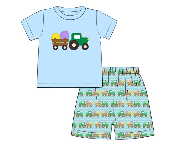 Blue Zig Zag Knit Easter Tractor Boy Shorts Set