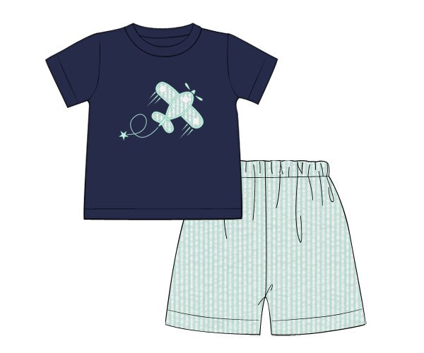 Mint Seersucker Shorts Set with Airplane