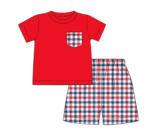 Red/Navy Plaid Knit Boy Shorts Set