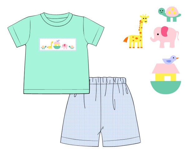 Noah's Ark Mint/Blue Gingham Knit Boy Shorts Set