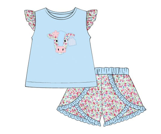 Cow Blue and Floral Knit Girl Shorts Set