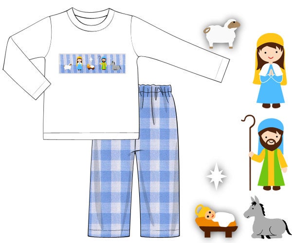 White Knit/Blue Gingham Nativity Boy Pants Set