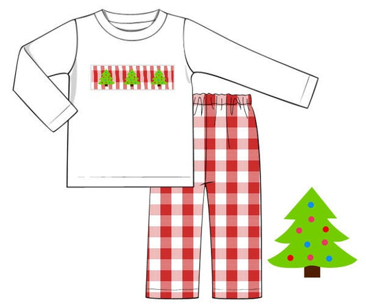White Knit/Red Gingham Christmas Trees Boy Pants Set
