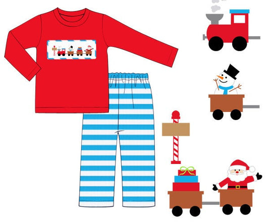 Red & Aqua/White Knit Stripe Santa Train Boy Pants Set