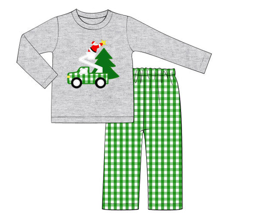 Gray Knit/Green Gingham Santa Bucket Truck Boy Pants Set