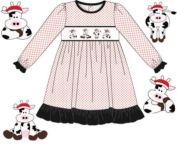 Red Tiny Dot Knit Christmas Cows Dress