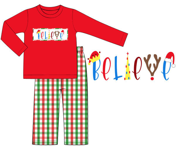 Red Knit/Red & Green Plaid Believe Boy Pants Set
