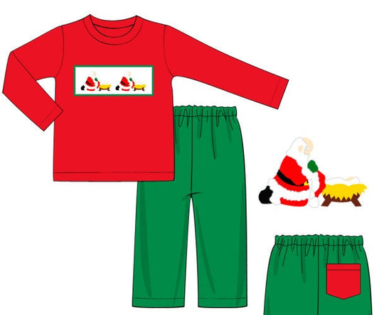 Red/Green Knit Santa and Baby Jesus Boy Pants Set