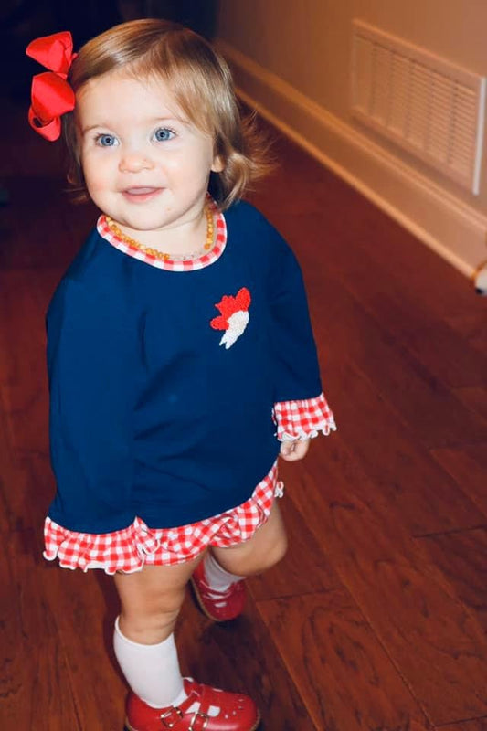 Navy/Red Gingham Knit French Knot Rebel Girl Diaper Set