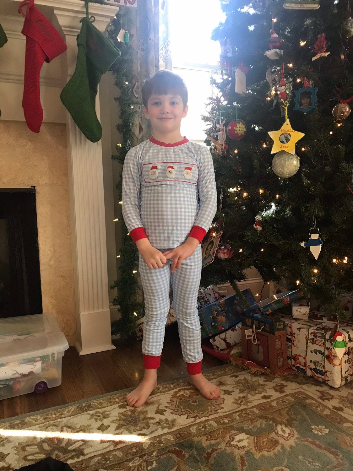 Blue Gingham Knit Santa Christmas Pajamas