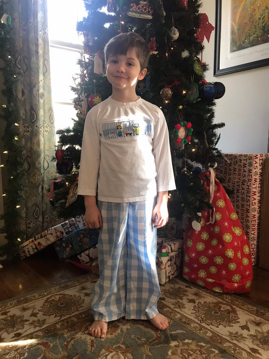 White Knit/Blue Gingham Nativity Boy Pants Set