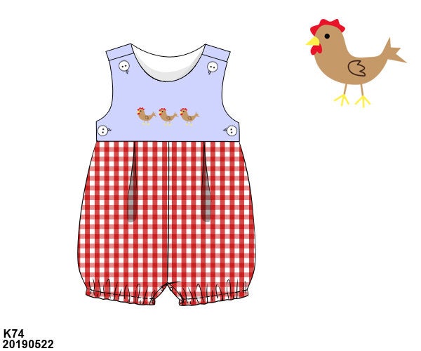 Blue & Red Gingham Knit Chickens Boy Bubble