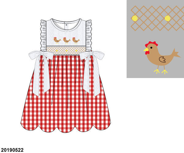 Red Gingham Knit Chickens Dress